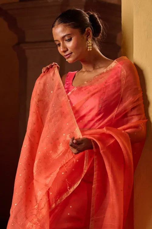 The ICH Bengal Elegance. Handwoven Sequinned Resham Silk Saree - Coral Blush