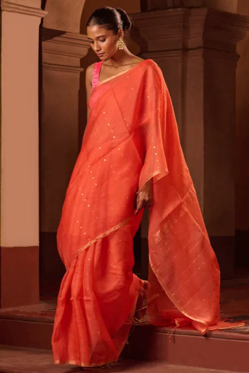 The ICH Bengal Elegance. Handwoven Sequinned Resham Silk Saree - Coral Blush