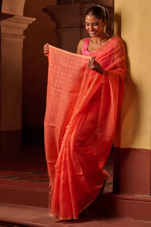 The ICH Bengal Elegance. Handwoven Sequinned Resham Silk Saree - Coral Blush