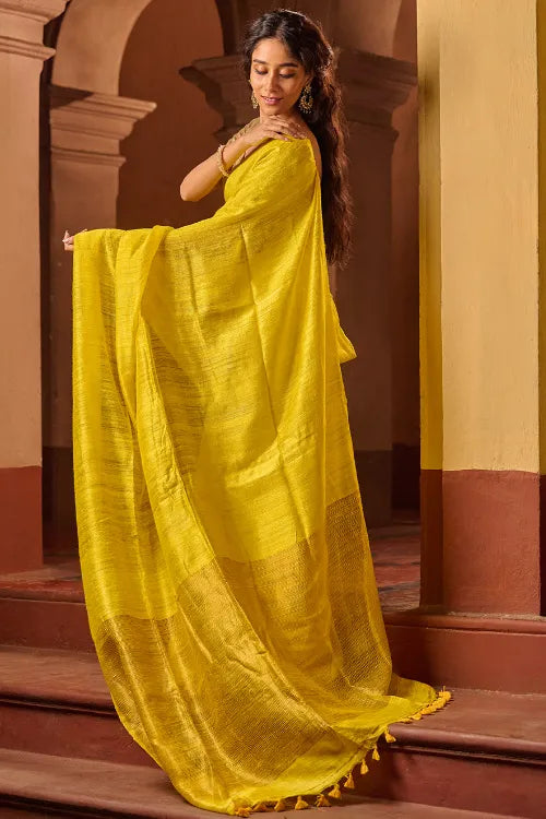 The ICH Bengal Elegance. Handwoven Soft Resham Matka Silk Saree - Sunlit Lemon