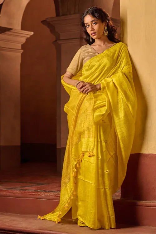 The ICH Bengal Elegance. Handwoven Soft Resham Matka Silk Saree - Sunlit Lemon