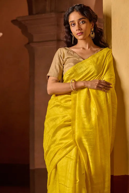 The ICH Bengal Elegance. Handwoven Soft Resham Matka Silk Saree - Sunlit Lemon