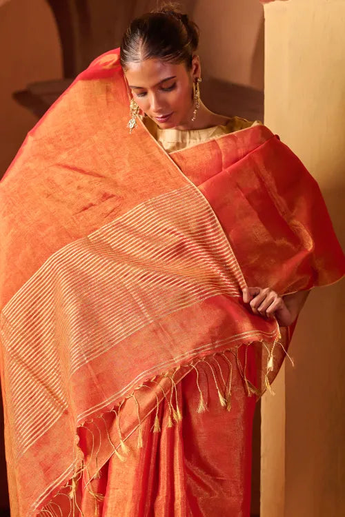 The ICH Bengal Elegance. Handwoven Tissue & Linen Saree - Golden Sunrise