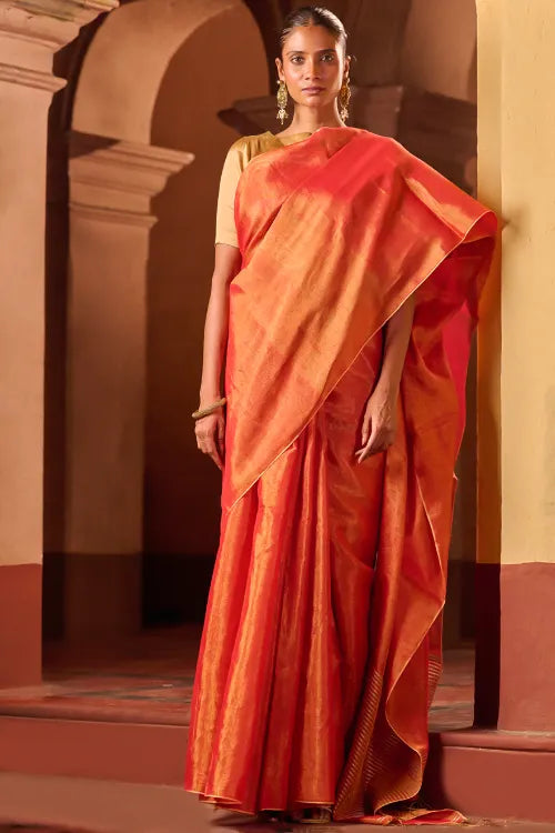 The ICH Bengal Elegance. Handwoven Tissue & Linen Saree - Golden Sunrise