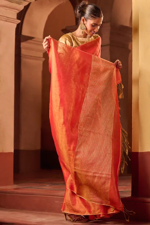 The ICH Bengal Elegance. Handwoven Tissue & Linen Saree - Golden Sunrise