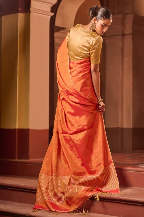 The ICH Bengal Elegance. Handwoven Tissue & Linen Saree - Golden Sunrise