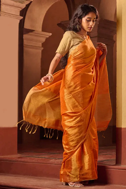 The ICH Bengal Elegance. Handwoven Tissue & Linen Saree - Golden Sunset
