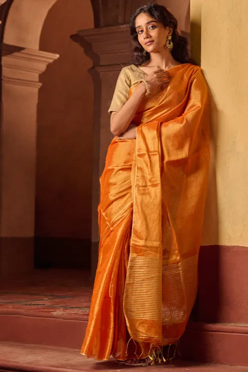 The ICH Bengal Elegance. Handwoven Tissue & Linen Saree - Golden Sunset