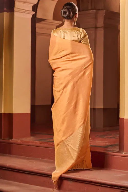 The ICH Bengal Elegance. Handwoven Tissue & Linen Saree - Peach Champagne