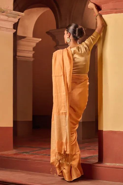The ICH Bengal Elegance. Handwoven Tissue & Linen Saree - Peach Champagne