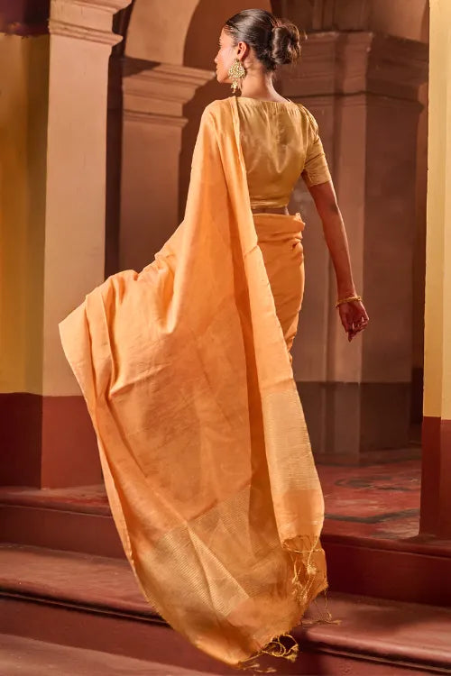 The ICH Bengal Elegance. Handwoven Tissue & Linen Saree - Peach Champagne