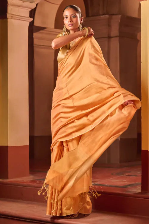 The ICH Bengal Elegance. Handwoven Tissue & Linen Saree - Peach Champagne
