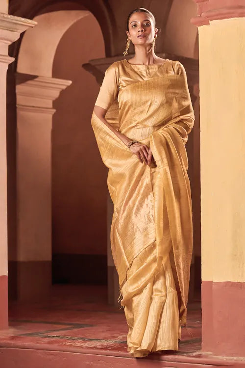 The ICH Bengal Elegance. Handwoven Soft Resham Matka Silk Saree - Sunlit Gold