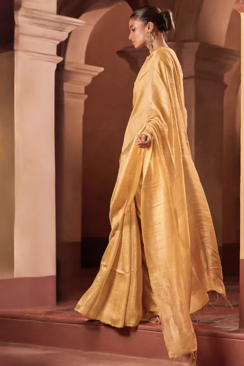 The ICH Bengal Elegance. Handwoven Soft Resham Matka Silk Saree - Sunlit Gold