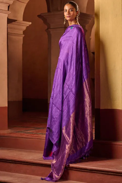 The ICH Bengal Elegance. Handwoven Soft Jamdani Resham Matka Silk Saree - Royal Iris