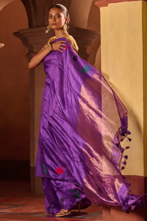 The ICH Bengal Elegance. Handwoven Soft Jamdani Resham Matka Silk Saree - Royal Iris