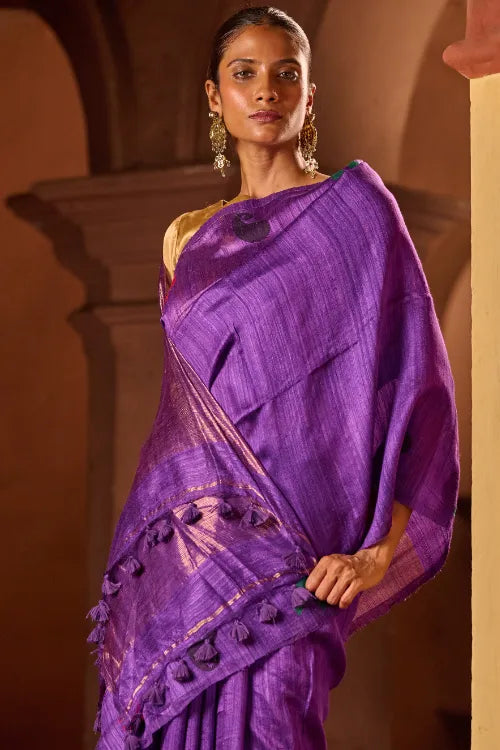 The ICH Bengal Elegance. Handwoven Soft Jamdani Resham Matka Silk Saree - Royal Iris