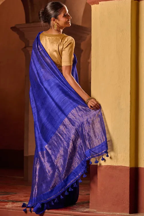 The ICH Bengal Elegance. Handwoven Soft Resham Matka Silk Saree - Royal Blue