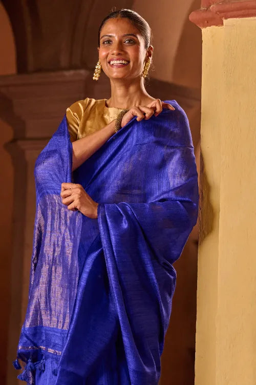The ICH Bengal Elegance. Handwoven Soft Resham Matka Silk Saree - Royal Blue