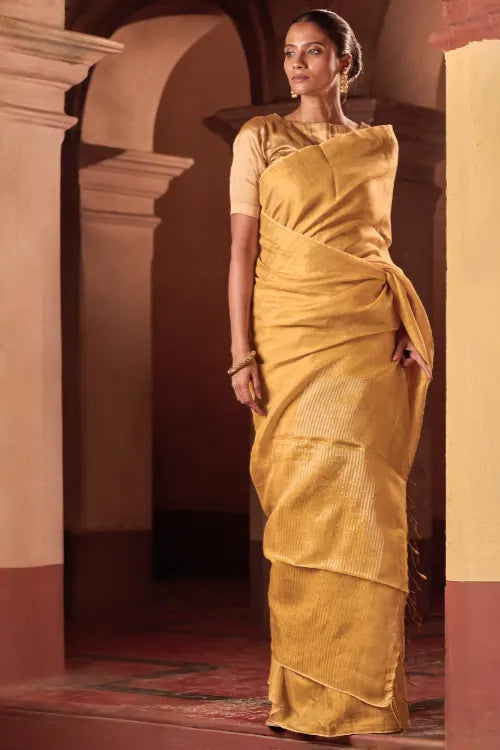 The ICH Bengal Elegance. Handwoven Tissue & Linen Saree - Golden Sand