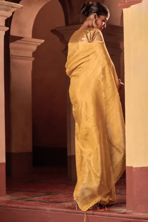 The ICH Bengal Elegance. Handwoven Tissue & Linen Saree - Golden Sand