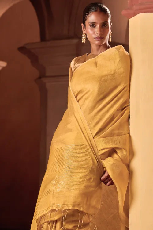 The ICH Bengal Elegance. Handwoven Tissue & Linen Saree - Golden Sand