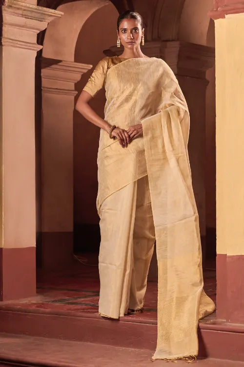 The ICH Bengal Elegance. Handwoven Tissue & Linen Saree - Soft Cream