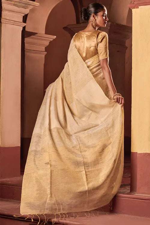 The ICH Bengal Elegance. Handwoven Tissue & Linen Saree - Soft Cream