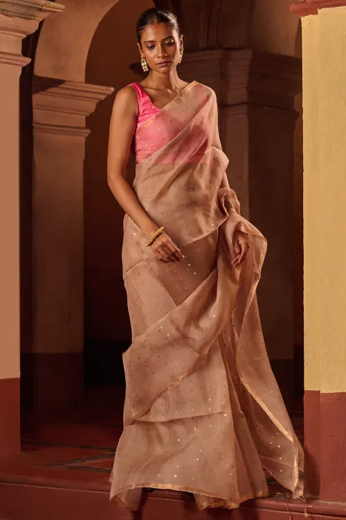 The ICH Bengal Elegance. Handwoven Sequinned Resham Silk Saree - Greyish Beige