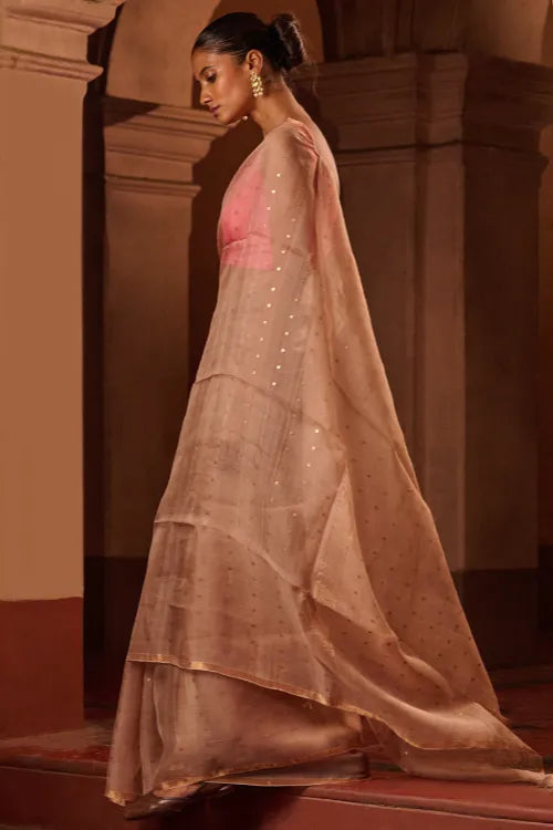 The ICH Bengal Elegance. Handwoven Sequinned Resham Silk Saree - Greyish Beige