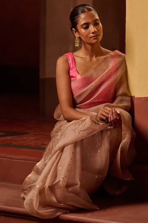 The ICH Bengal Elegance. Handwoven Sequinned Resham Silk Saree - Greyish Beige
