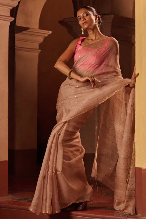 The ICH Bengal Elegance. Handwoven Sequinned Resham Silk Saree - Greyish Beige