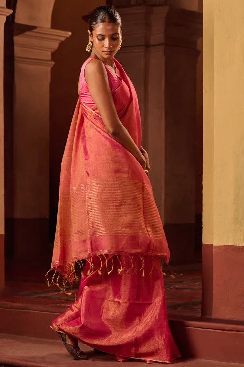 The ICH Bengal Elegance. Handwoven Tissue & Linen Saree - Ruby Blush