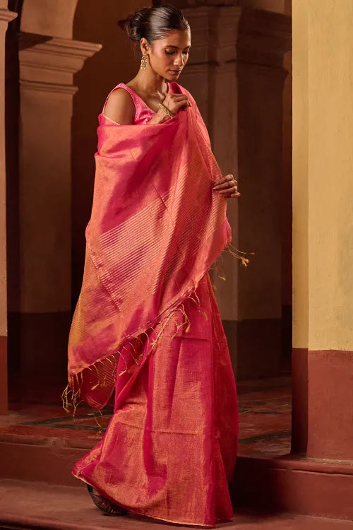 The ICH Bengal Elegance. Handwoven Tissue & Linen Saree - Ruby Blush