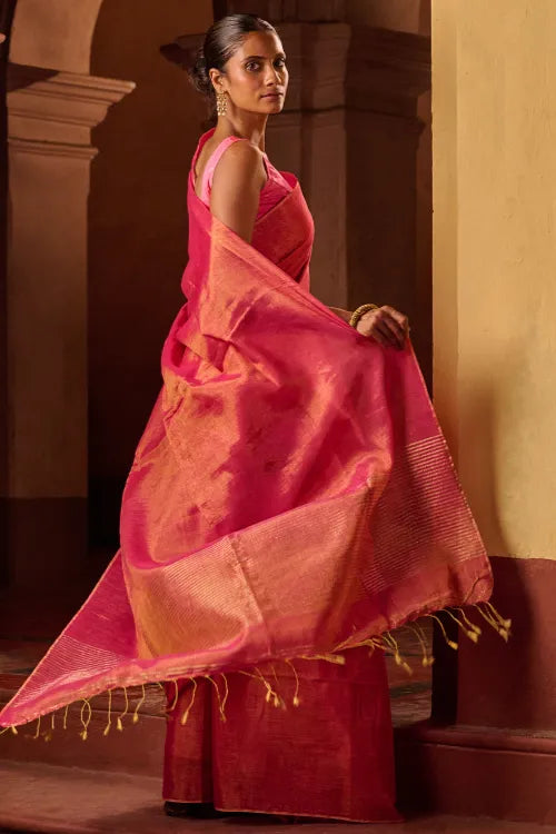 The ICH Bengal Elegance. Handwoven Tissue & Linen Saree - Ruby Blush