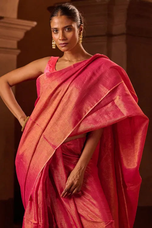 The ICH Bengal Elegance. Handwoven Tissue & Linen Saree - Ruby Blush