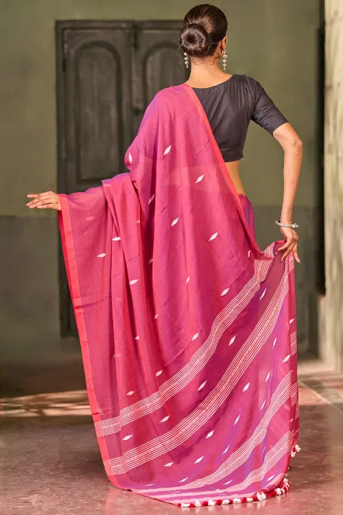The ICH Bengal Vibes. Handwoven Jamdani Soft Mul Cotton Saree - Berry Blush