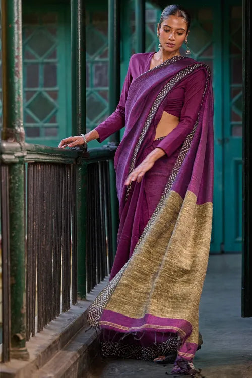 The ICH Bengal Vibes. Handwoven Linen & Kantha Border Saree - Mulberry Bush