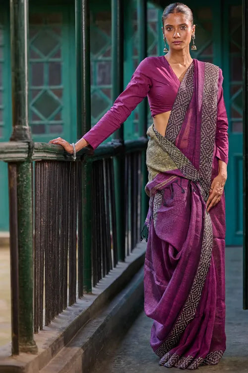 The ICH Bengal Vibes. Handwoven Linen & Kantha Border Saree - Mulberry Bush