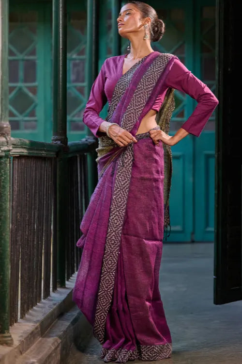 The ICH Bengal Vibes. Handwoven Linen & Kantha Border Saree - Mulberry Bush