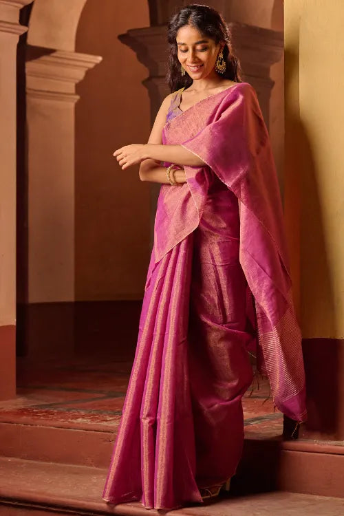 The ICH Bengal Elegance. Handwoven Tissue & Linen Saree - Golden Bloom
