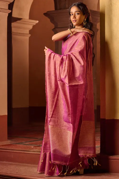 The ICH Bengal Elegance. Handwoven Tissue & Linen Saree - Golden Bloom