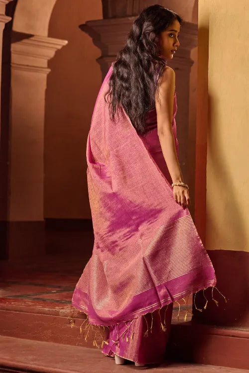 The ICH Bengal Elegance. Handwoven Tissue & Linen Saree - Golden Bloom