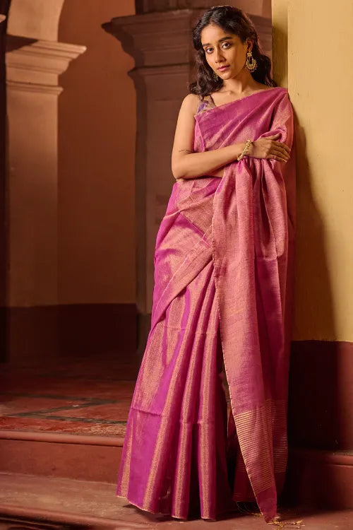 The ICH Bengal Elegance. Handwoven Tissue & Linen Saree - Golden Bloom