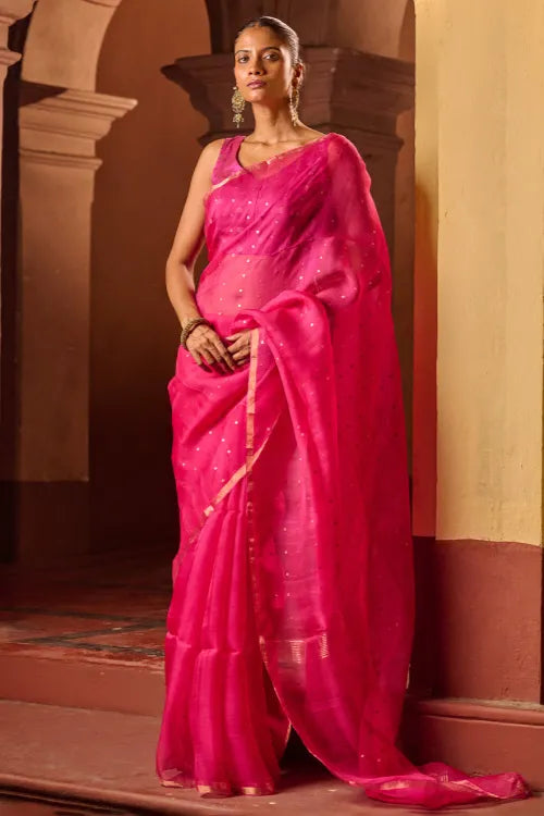 The ICH Bengal Elegance. Handwoven Sequinned Resham Silk Saree - Fuschia Glow