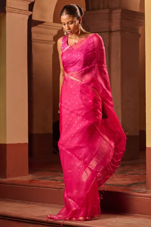The ICH Bengal Elegance. Handwoven Sequinned Resham Silk Saree - Fuschia Glow