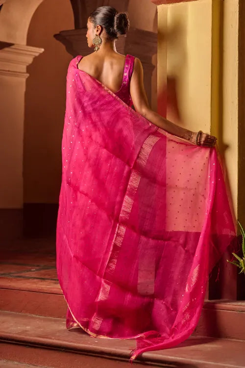 The ICH Bengal Elegance. Handwoven Sequinned Resham Silk Saree - Fuschia Glow