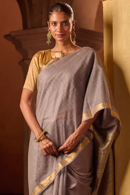 The ICH Bengal Elegance. Handwoven Silk Cotton Saree - Silver Ash
