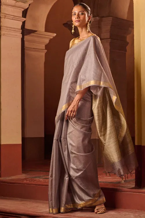 The ICH Bengal Elegance. Handwoven Silk Cotton Saree - Silver Ash