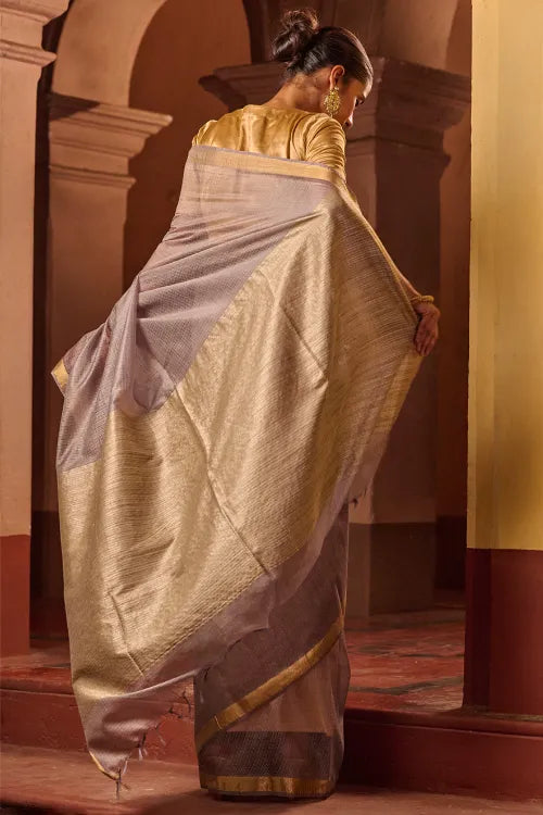 The ICH Bengal Elegance. Handwoven Silk Cotton Saree - Silver Ash